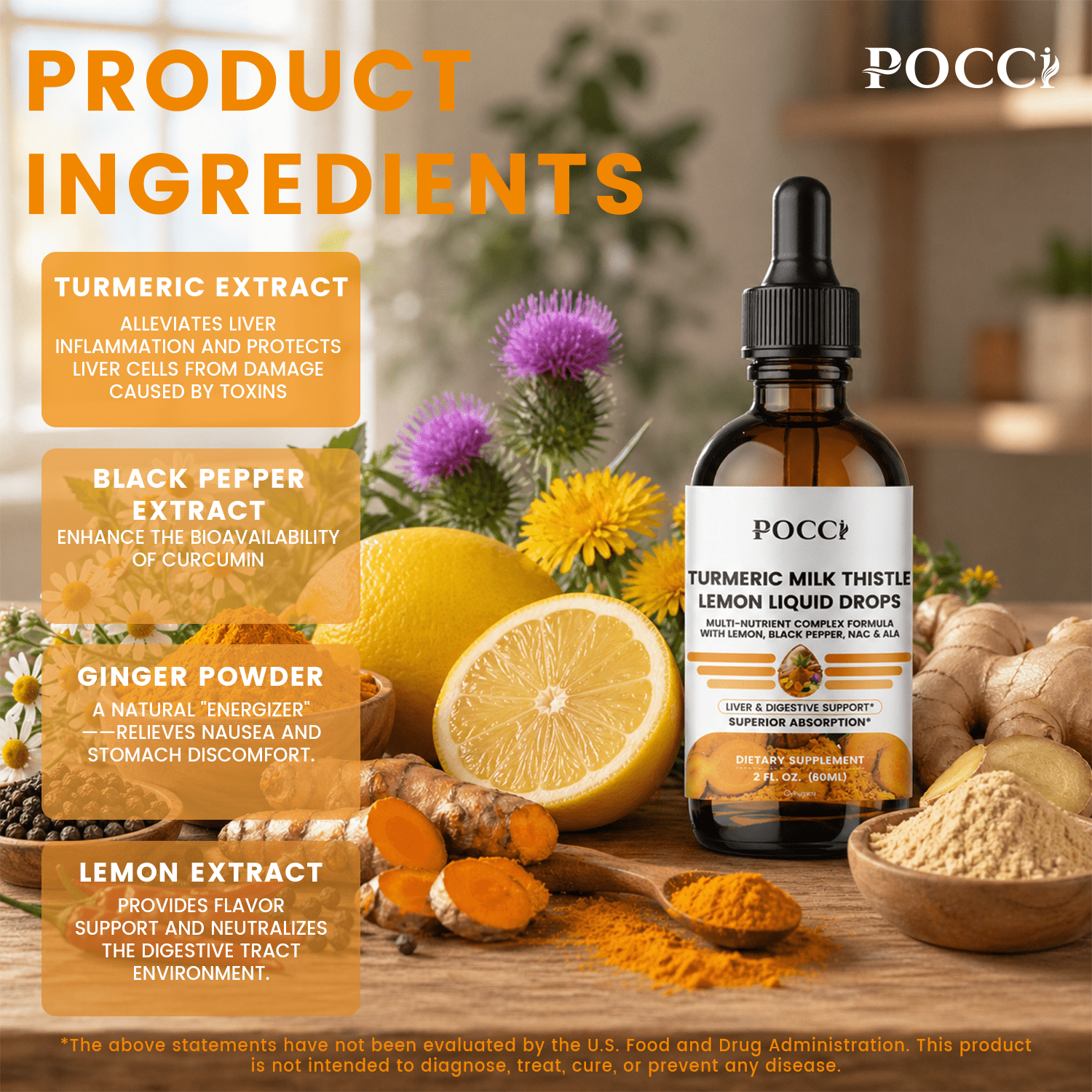 Turmeric Milk Thistle Lemon Liquid Drops - POCCI Healthy